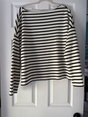SPANX Black and White Striped Long Sleeve Boatneck Sweatshirt
